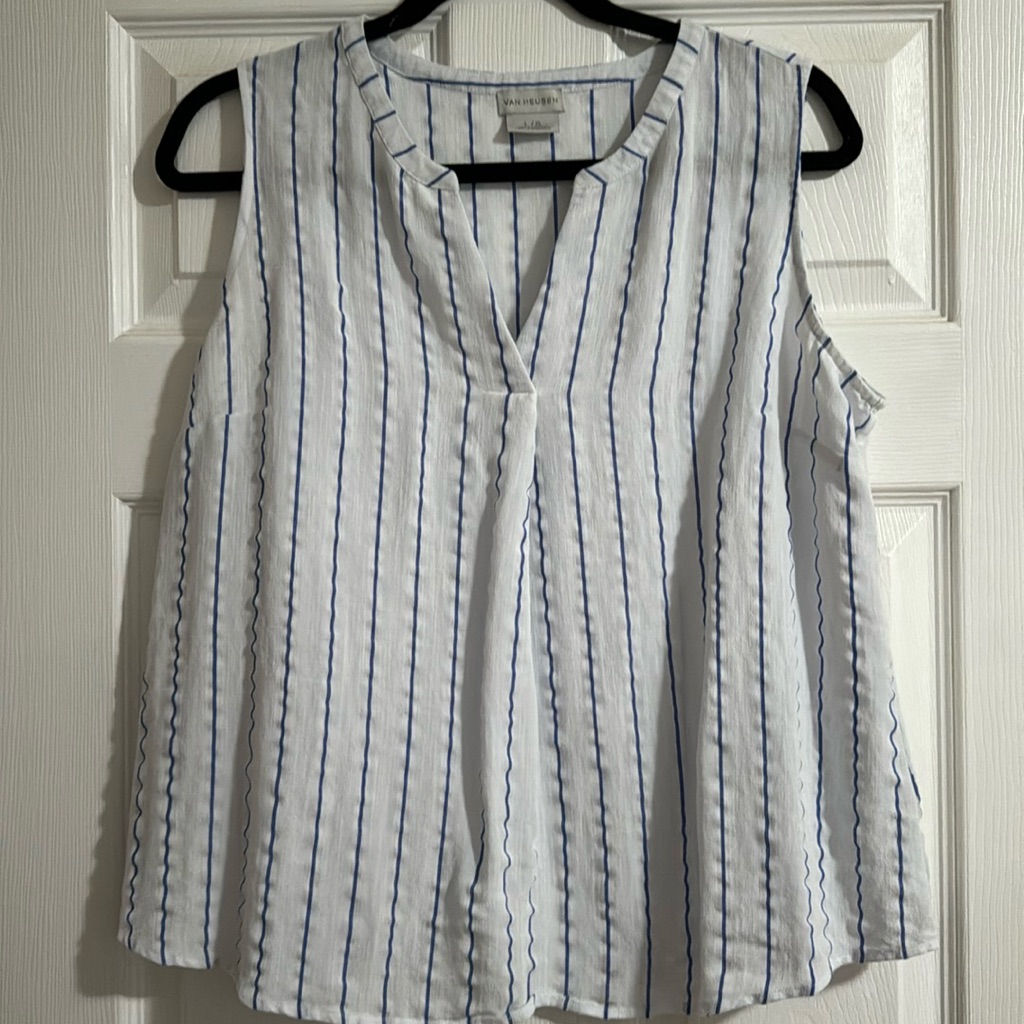 Van Heusen Striped Tank, Blue And White Stripes, V-Neck, Sleeveless, Size Large